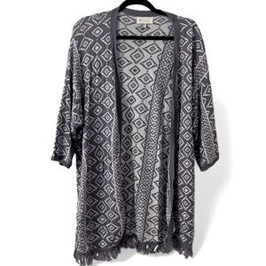 Grey and White Geometric Print Cardiagn with Fringe Details